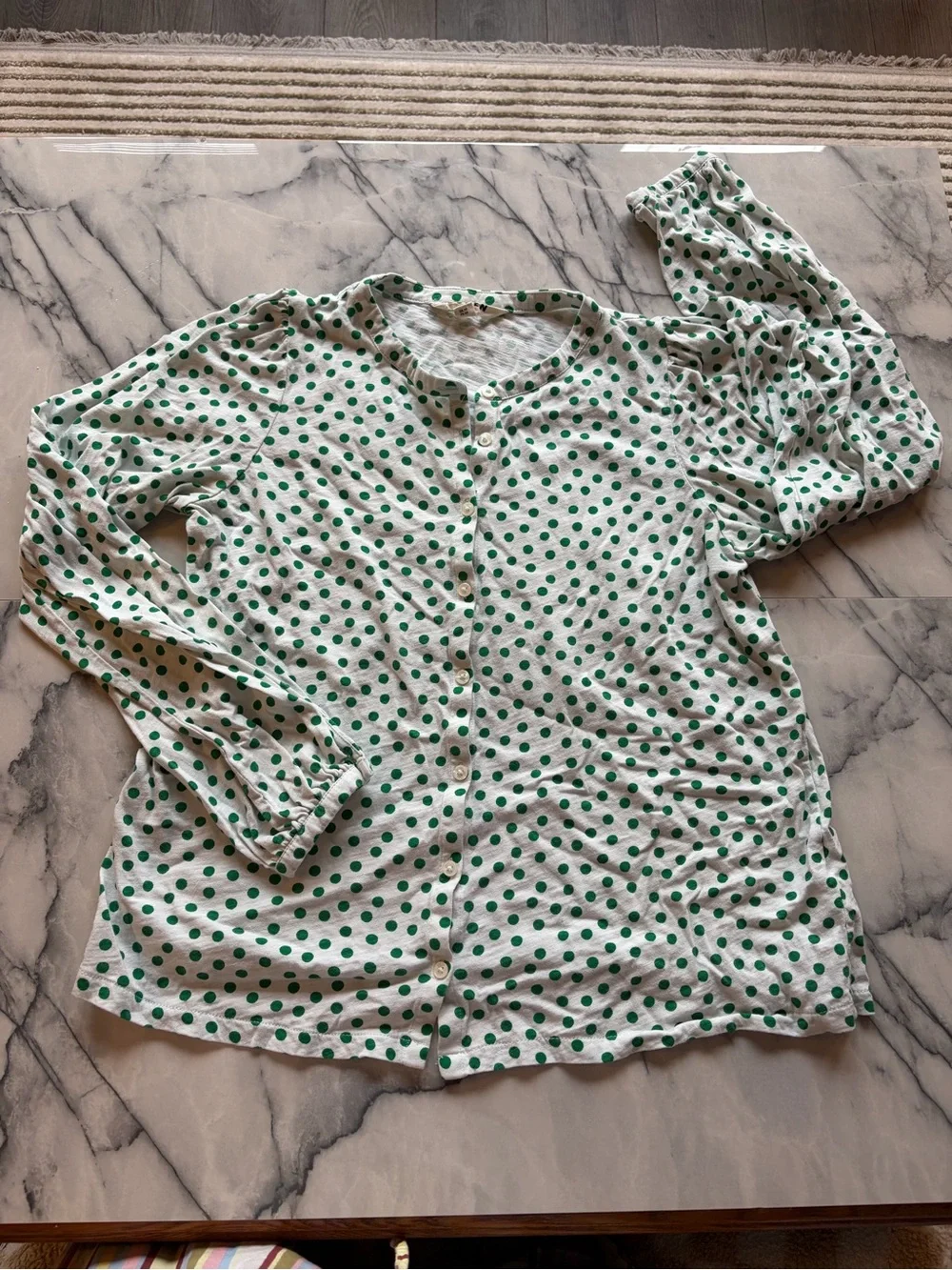 Boden White Blouse with Green Polka Dots
